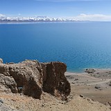 Pilgrims on Namtso Lake  This year, in the Tibetan year of the Sheep, it is being considered particularly sacred and attracts many pilgrims which do the Kora around the lake (to be seen in the lower right of the picture. The full circle around the lake takes 7 - 10 days!.